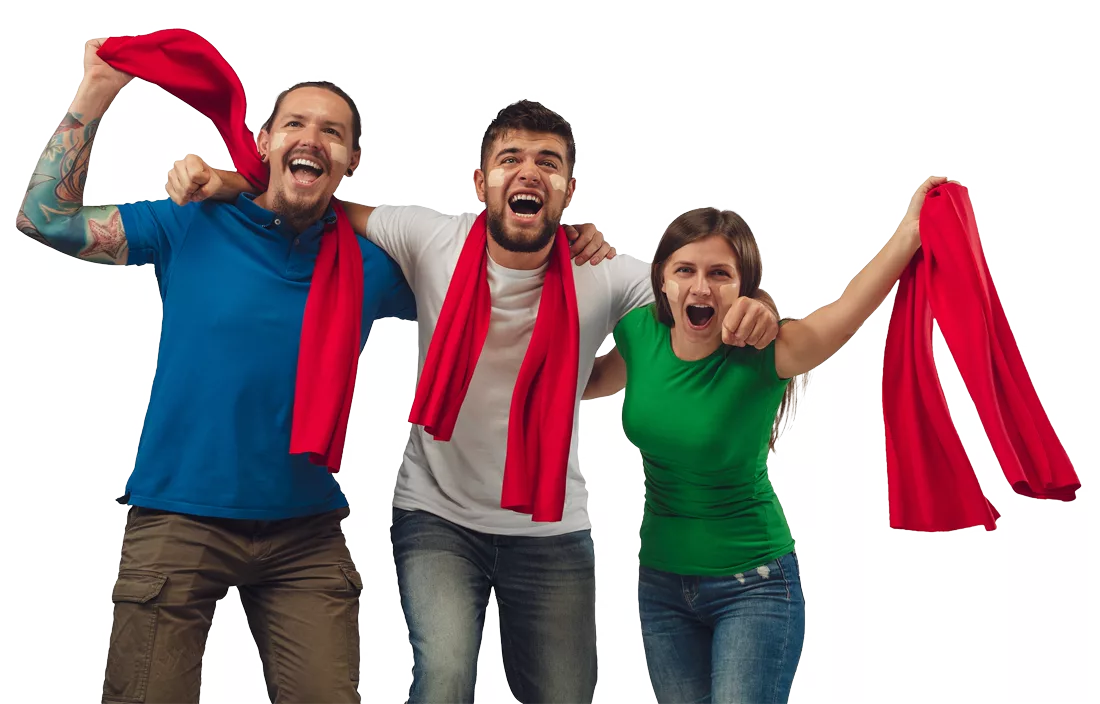 Three cheering fans waving red scarves