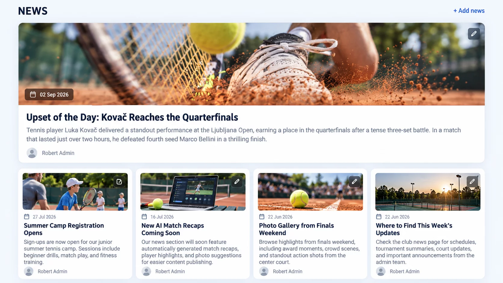 Club news page in Challanger: a featured story and recent posts with photos