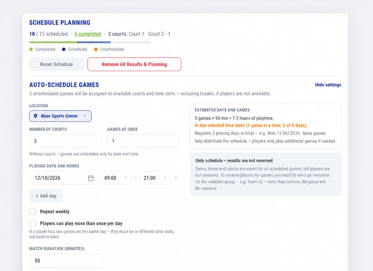Schedule planning in Challanger: auto-scheduling settings for courts, playing days and match length, above the games by round