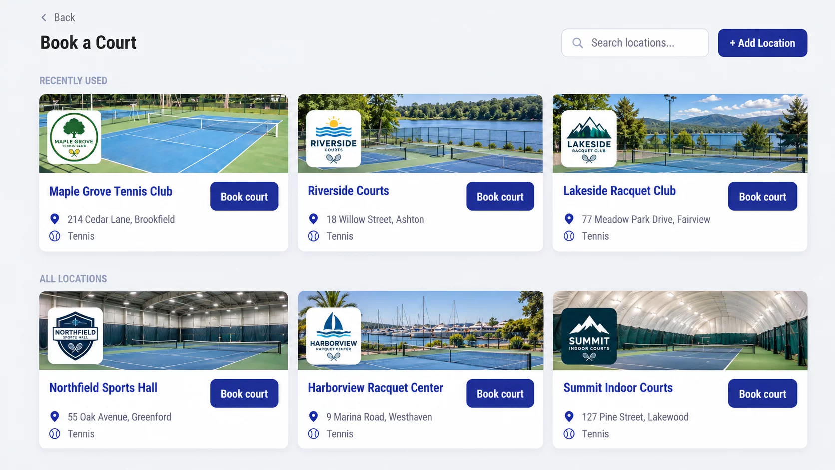 Book a court in Challanger: tennis locations with a Book court button on each